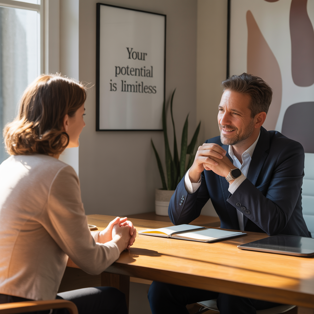 Coach en session individuelle attentive avec un client dans un bureau moderne